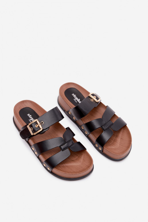 Chaussons pour femmes en cuir synthétique avec boucles noires Cambria