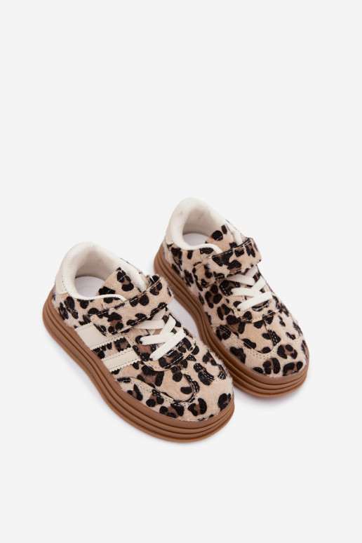 Chaussures de sport pour enfants avec imprimé léopard et Velcro couleur sable Satinia