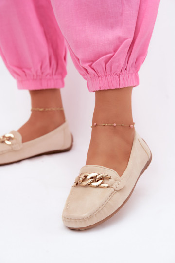 Mocassins dorés pour femmes avec chaîne en daim synthétique couleur sable Amaretto 2