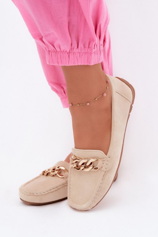 Mocassins dorés pour femmes avec chaîne en daim synthétique couleur sable Amaretto