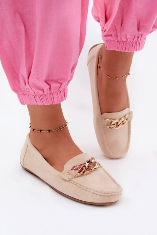 Mocassins dorés pour femmes avec chaîne en daim synthétique couleur sable Amaretto