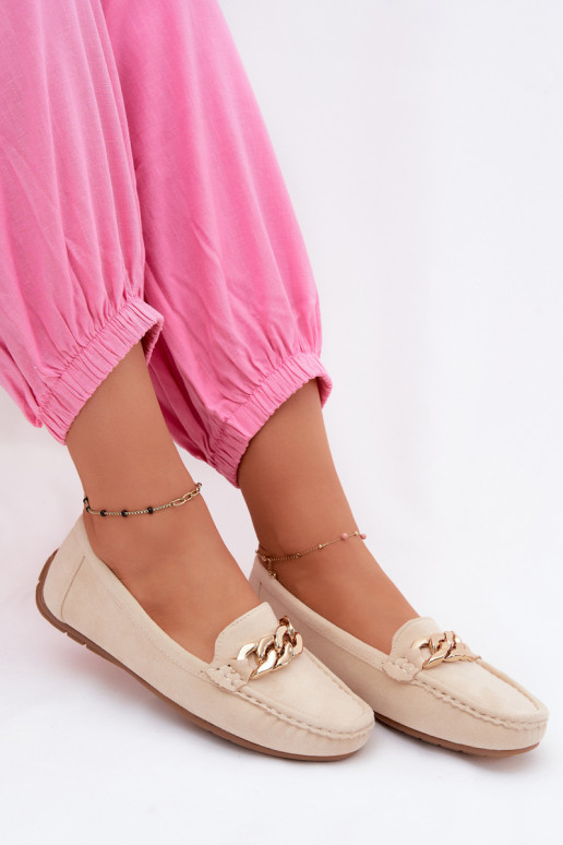 Mocassins dorés pour femmes avec chaîne en daim synthétique couleur sable Amaretto