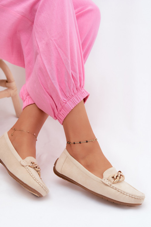 Mocassins dorés pour femmes avec chaîne en daim synthétique couleur sable Amaretto