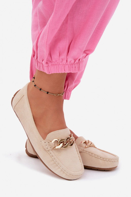 Mocassins dorés pour femmes avec chaîne en daim synthétique couleur sable Amaretto