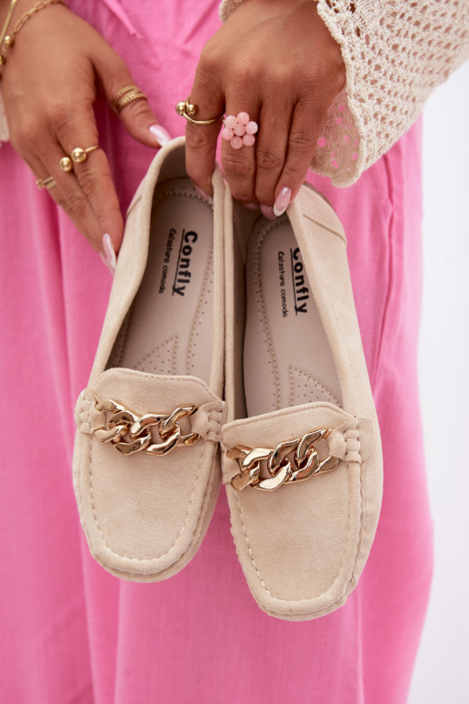 Mocassins dorés pour femmes avec chaîne en daim synthétique couleur sable Amaretto