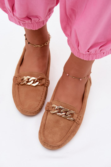 Mocassins dorés pour femmes avec chaîne en daim synthétique couleur marron Amaretto
