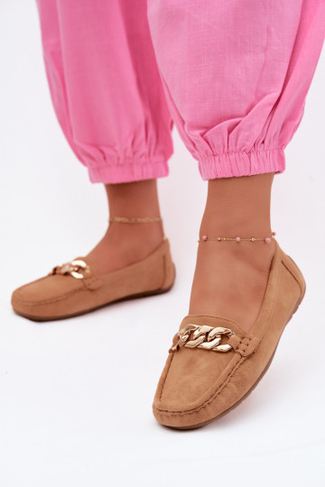 Mocassins dorés pour femmes avec chaîne en daim synthétique couleur marron Amaretto 2