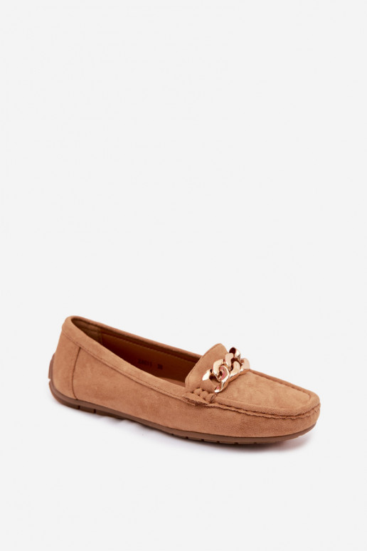 Mocassins dorés pour femmes avec chaîne en daim synthétique couleur marron Amaretto