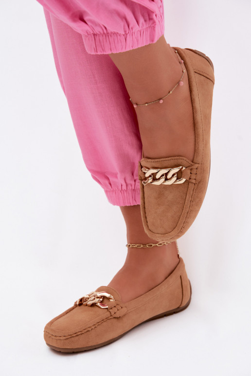 Mocassins dorés pour femmes avec chaîne en daim synthétique couleur marron Amaretto