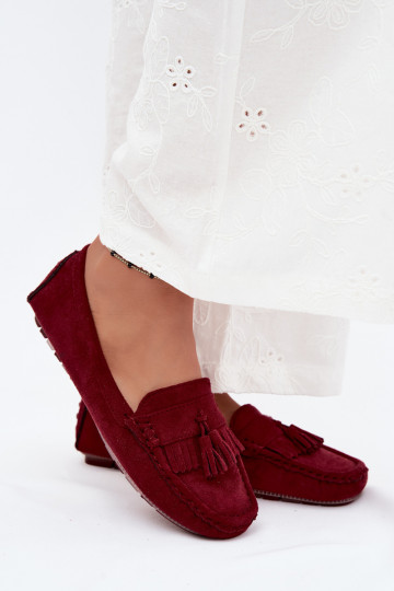 Mocassins pour femmes avec pompons en daim synthétique couleur bordeaux Linden 2