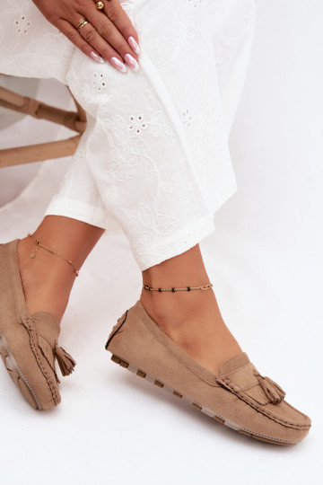 Mocassins pour femmes avec pompons en daim synthétique couleur sable Linden