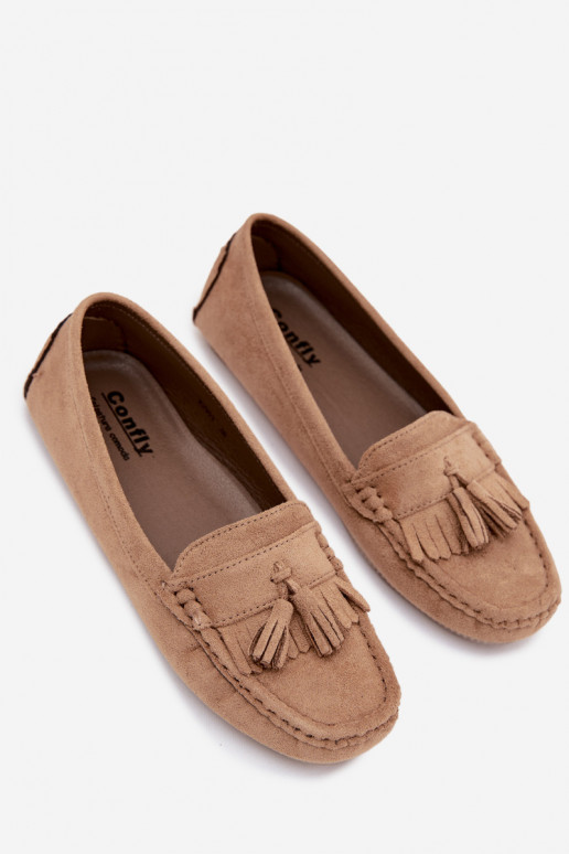 Mocassins pour femmes avec pompons en daim synthétique couleur sable Linden