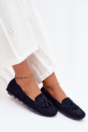 Mocassins pour femmes avec pompons en daim synthétique couleur bleu marine Linden