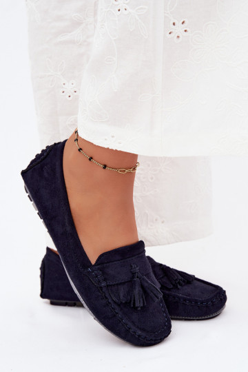 Mocassins pour femmes avec pompons en daim synthétique couleur bleu marine Linden 2