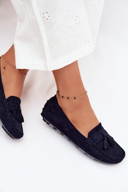Mocassins pour femmes avec pompons en daim synthétique couleur bleu marine Linden
