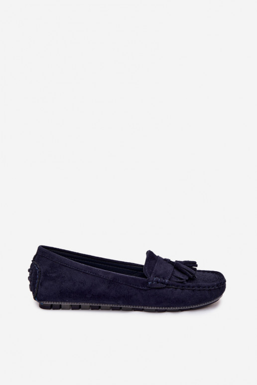 Mocassins pour femmes avec pompons en daim synthétique couleur bleu marine Linden