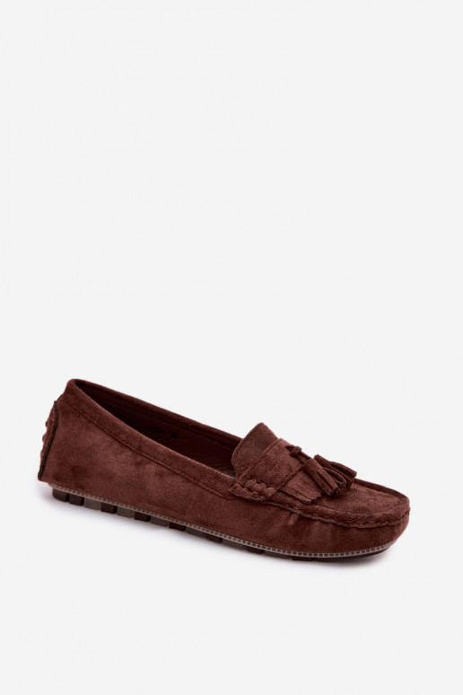Mocassins pour femmes avec pompons en daim synthétique couleur chocolat Linden