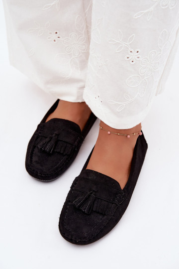 Mocassins pour femmes avec pompons en daim synthétique couleur noire Linden