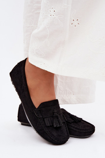 Mocassins pour femmes avec pompons en daim synthétique couleur noire Linden 2