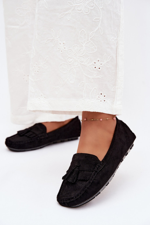 Mocassins pour femmes avec pompons en daim synthétique couleur noire Linden