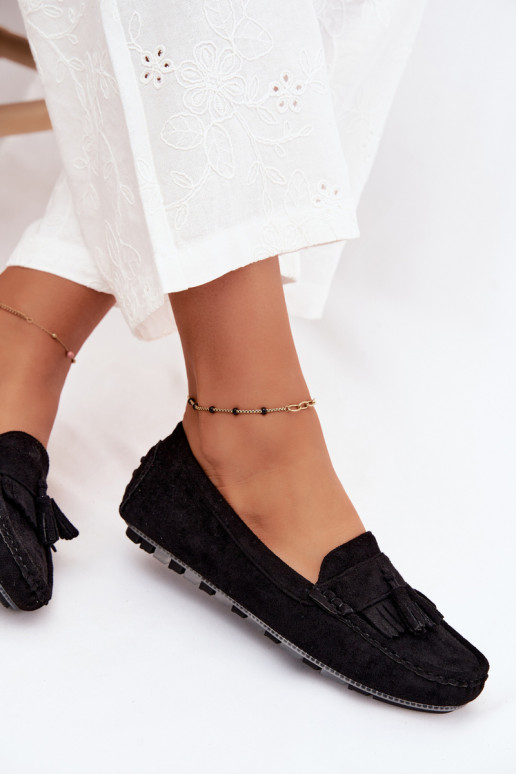 Mocassins pour femmes avec pompons en daim synthétique couleur noire Linden