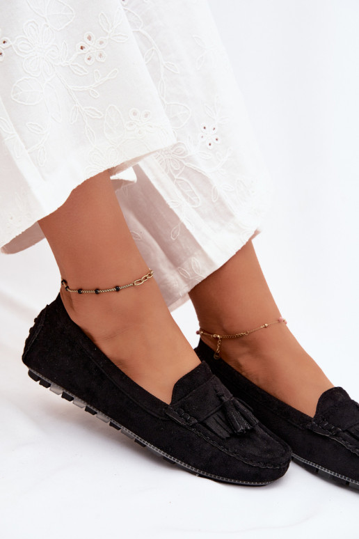 Mocassins pour femmes avec pompons en daim synthétique couleur noire Linden