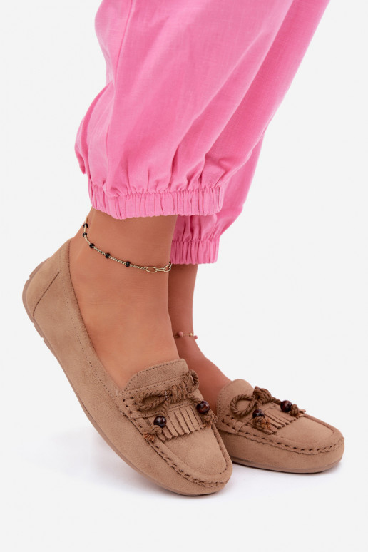 Mocassins plats pour femmes avec nœuds et pompons en daim synthétique couleur sable Bluebell