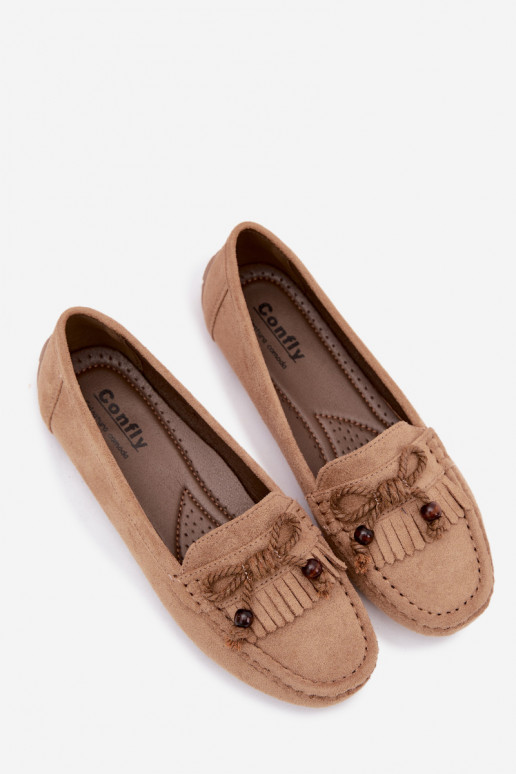 Mocassins plats pour femmes avec nœuds et pompons en daim synthétique couleur sable Bluebell