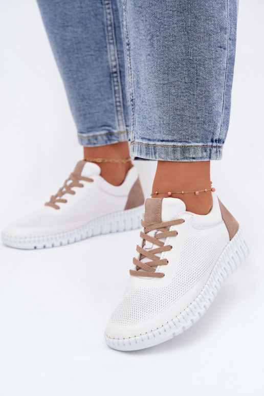 Chaussures de sport en cuir pour femmes Artiker 58C3083 blanches et brunes
