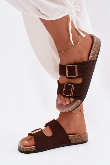 Chaussons pour femmes avec boucles sur semelle en liège couleur chocolat Collins