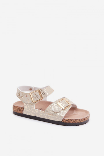 Sandales d'enfants dorées avec boucles et inscriptions Praline
