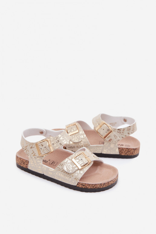 Sandales d'enfants dorées avec boucles et inscriptions Praline