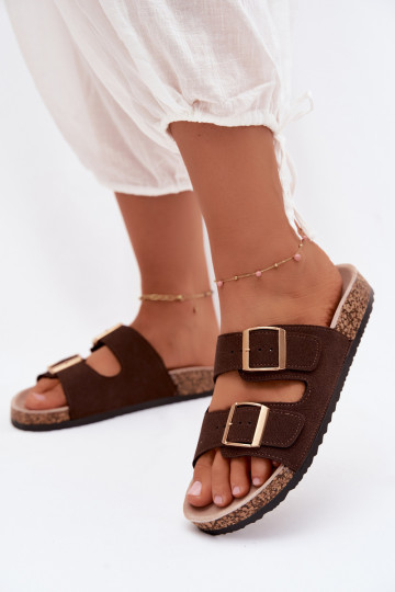 Chaussons pour femmes avec boucles sur semelle en liège couleur chocolat Collins
