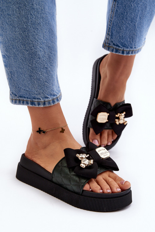Chaussons noirs pour femmes avec des nœuds et des ours en peluche Katterina