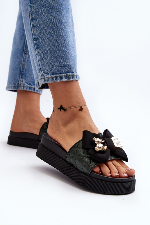 Chaussons noirs pour femmes avec des nœuds et des ours en peluche Katterina