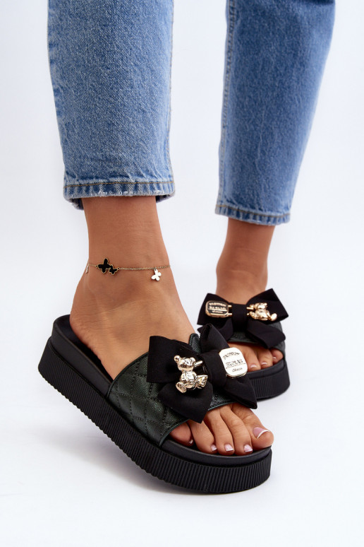 Chaussons noirs pour femmes avec des nœuds et des ours en peluche Katterina