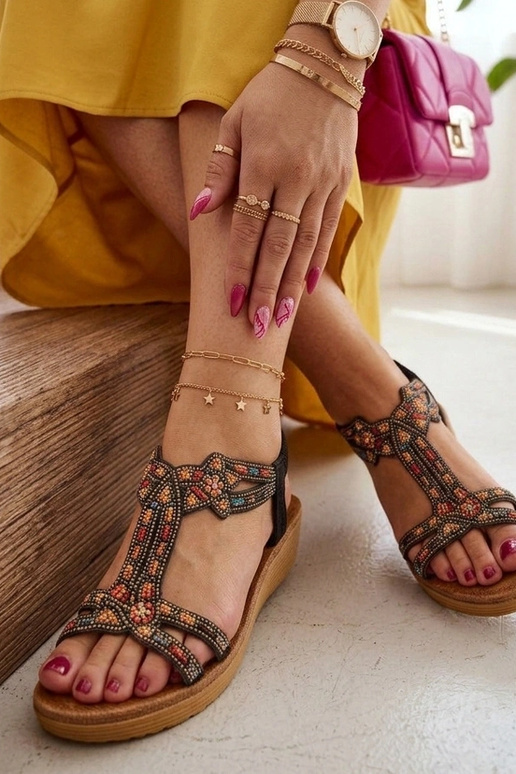 Sandales noires pour femmes ornées de pierres colorées Orion