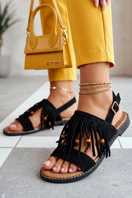 Sandales plates noires avec franges Gladys