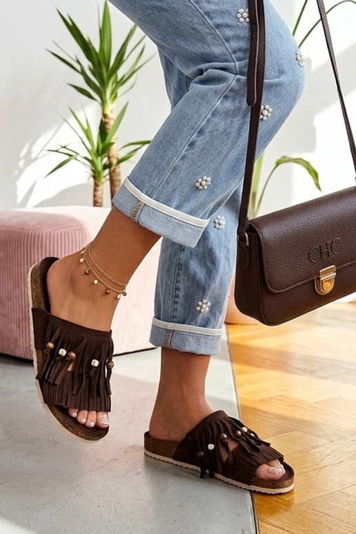 Sabots pour femmes bruns avec franges Flamres Florence