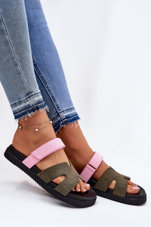 Chaussons pour femmes avec fermeture adhésive Vinceza 17401 en vert-rose