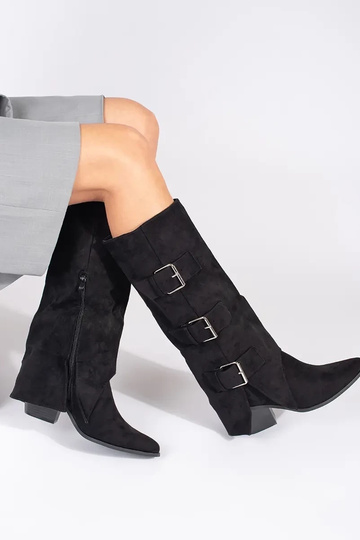 Bottes noires en daim synthétique à talon avec boucles
