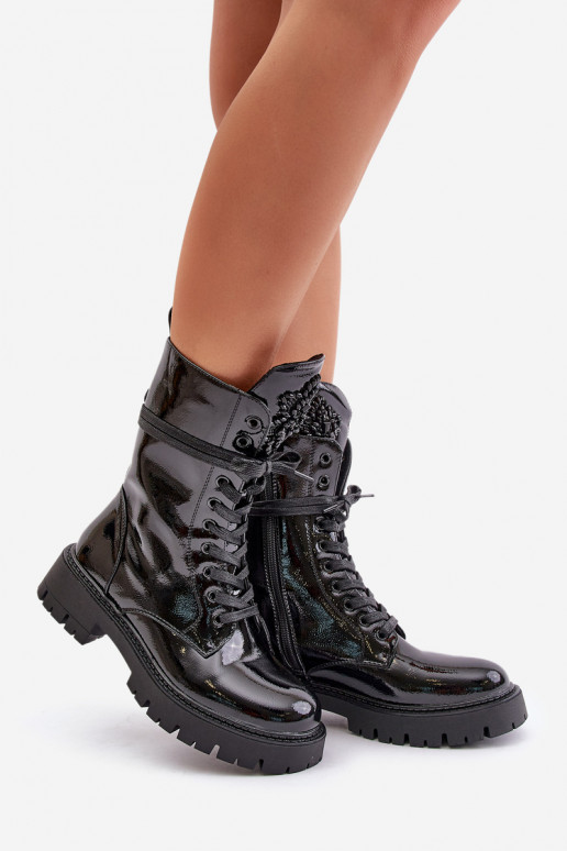 Bottines de travail noires avec ornements et effet verni Kelilea