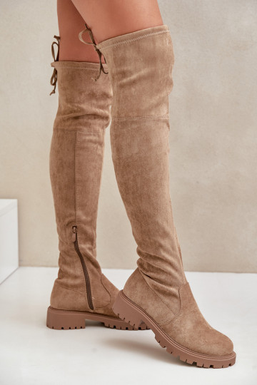 Bottes beiges au-dessus du genou avec talons larges en daim synthétique Arkelia 2