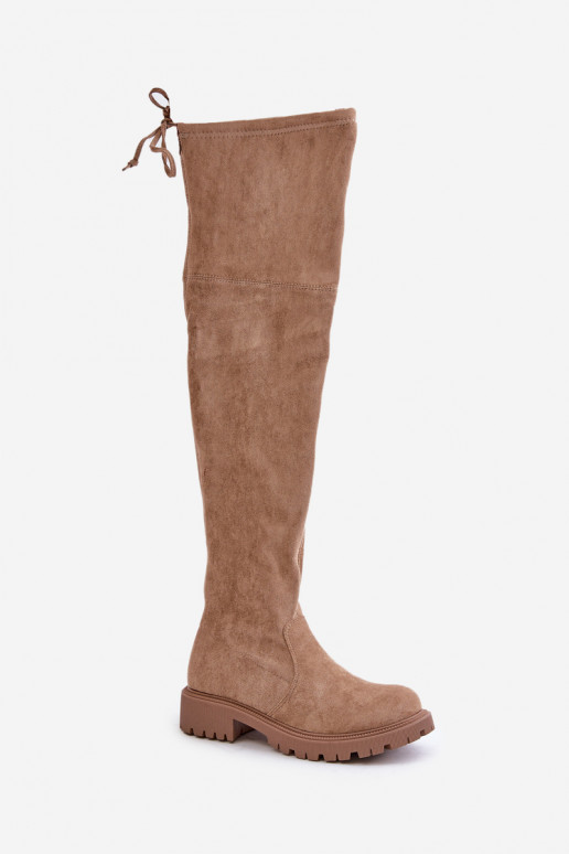 Bottes beiges au-dessus du genou avec talons larges en daim synthétique Arkelia
