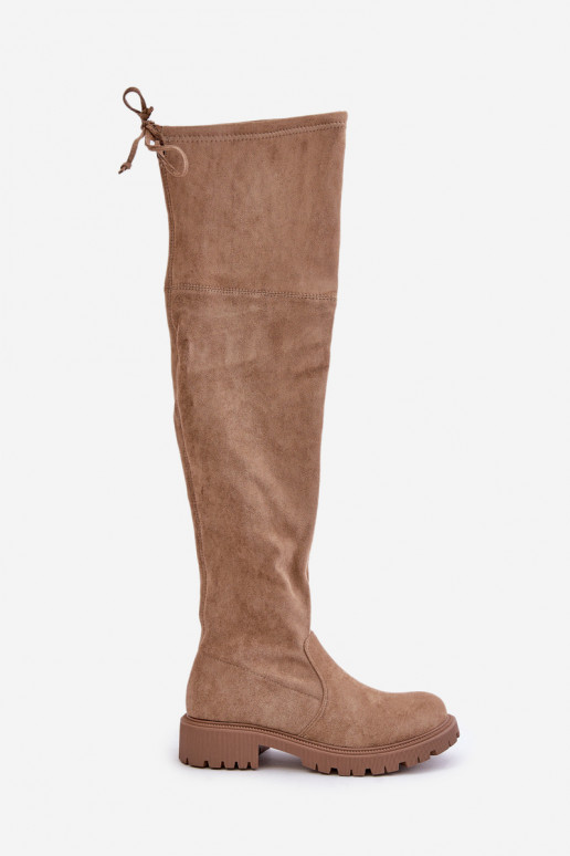 Bottes beiges au-dessus du genou avec talons larges en daim synthétique Arkelia