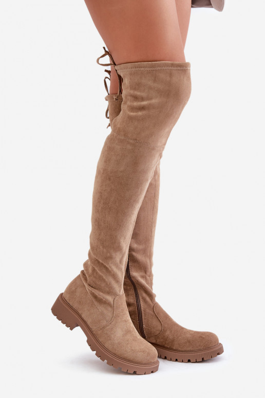Bottes beiges au-dessus du genou avec talons larges en daim synthétique Arkelia