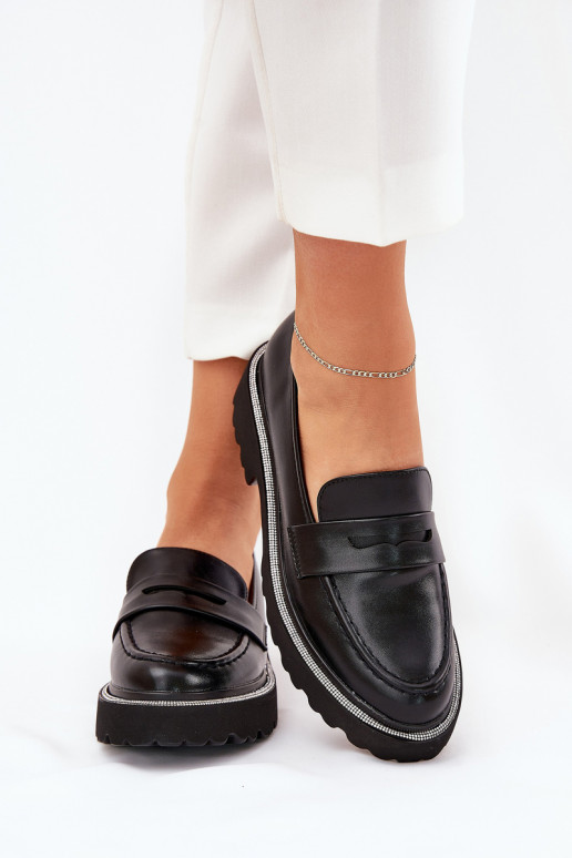 mocassins pour femmes en cuir synthétique avec œillets scintillants noirs INilamla