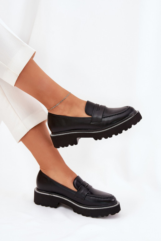 mocassins pour femmes en cuir synthétique avec œillets scintillants noirs INilamla