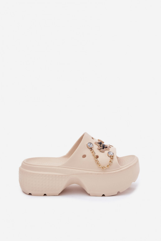 Chaussons légers pour femmes sur plateforme avec détails dorés et clips en sable Ivoriel