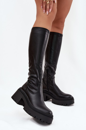 Bottes hautes pour femmes sur des talons épais et une plateforme, à enfiler, noires Florinne 2